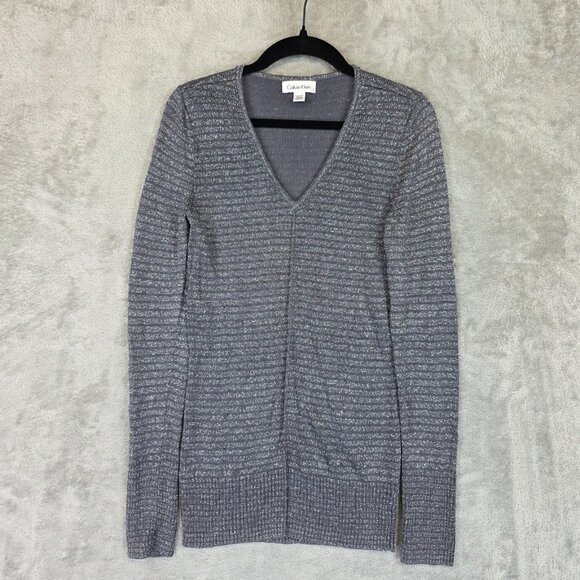Calvin Klein Sweater Womens XS Gray V Neck Metallic Stripe Knit Rayon Shimmer - Picture 1 of 10